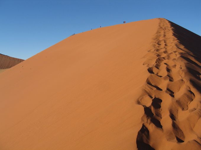 le increduibili dune di Sossusvlei. Il deserto del Namib è il più antico dela Terra. Dune altissime si susseguono una dopo l'altra, tra gli starordinari effetti di luce ed ombra accentuati  alle prime luci del mattino
Guarda lo slideshow sotto