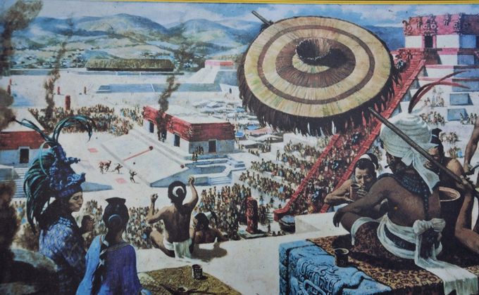 Riproduzione pittorica della vita del  tempio, come si svolgeva durante il periodo precolombiano. L’antica città di Copán , appena  oltre il confine con l’Honduras, costituisce uno dei siti maya scoperti più famosi, insieme a quelli di Tikal e Chichén Itzá e Uxmal (questi ultimi due in Messico)